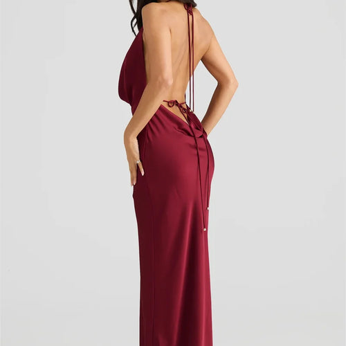 Load image into Gallery viewer, Satin Halter Backless Sexy Maxi Dress Women Gown Elegant Solid Sleeveless Lace-up High Waist Evening Club Long Dress
