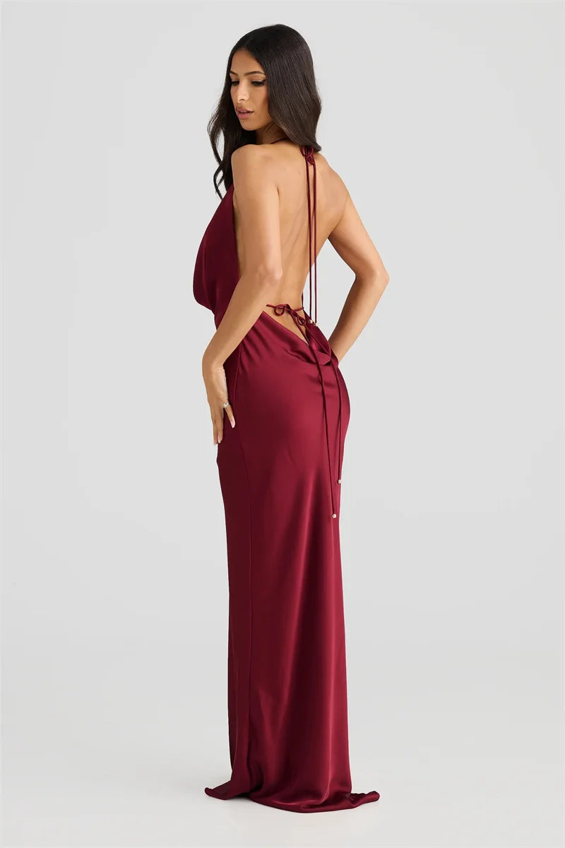 Satin Halter Backless Sexy Maxi Dress Women Gown Elegant Solid Sleeveless Lace-up High Waist Evening Club Long Dress