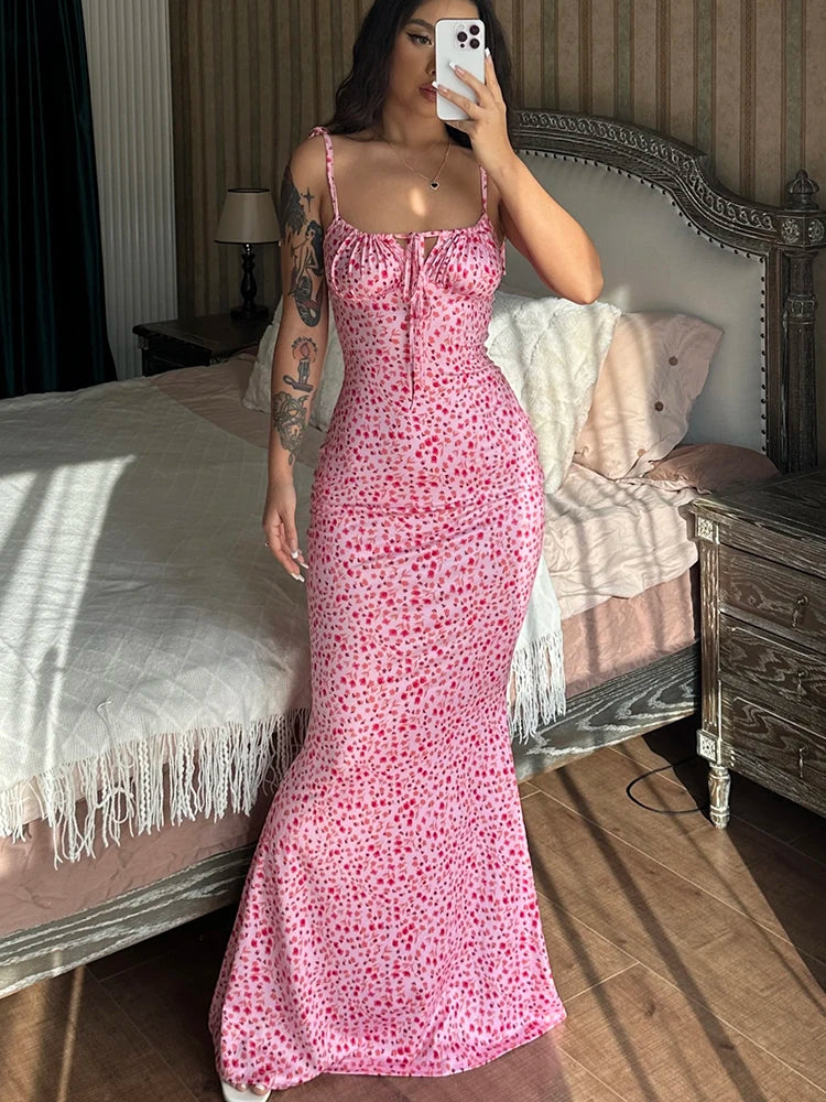 Floral Print Sleeveless Backless Slips Lace Up Maxi Dress Sexy Bodycon Summer Elegant Outfits Holiday Party Wholesale