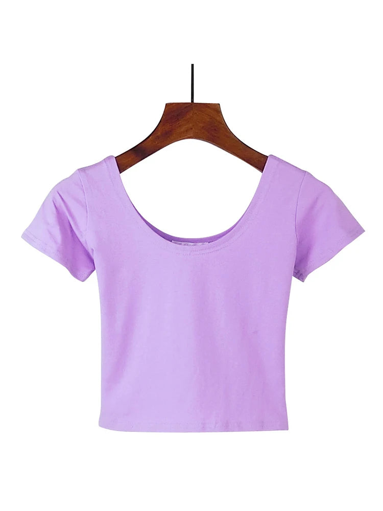Solid Crop Top for Women Slim Fit High Waist Short Sleeve T-shirt Basic Summer Casual Tee