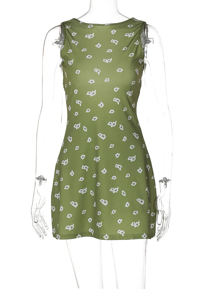Women Elegant Floral Print Sleeveless Backless Sexy Slim Mini Dress 2024 Spring Women Outfits Birthday Party Festival