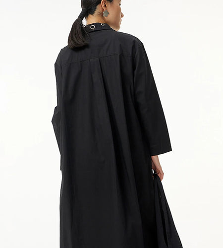 Women Black Metal Circle Irregular Hem Big Size Shirt Dress New Lapel Long Sleeve Fashion Tide Spring Autumn 2025 1DJ0883