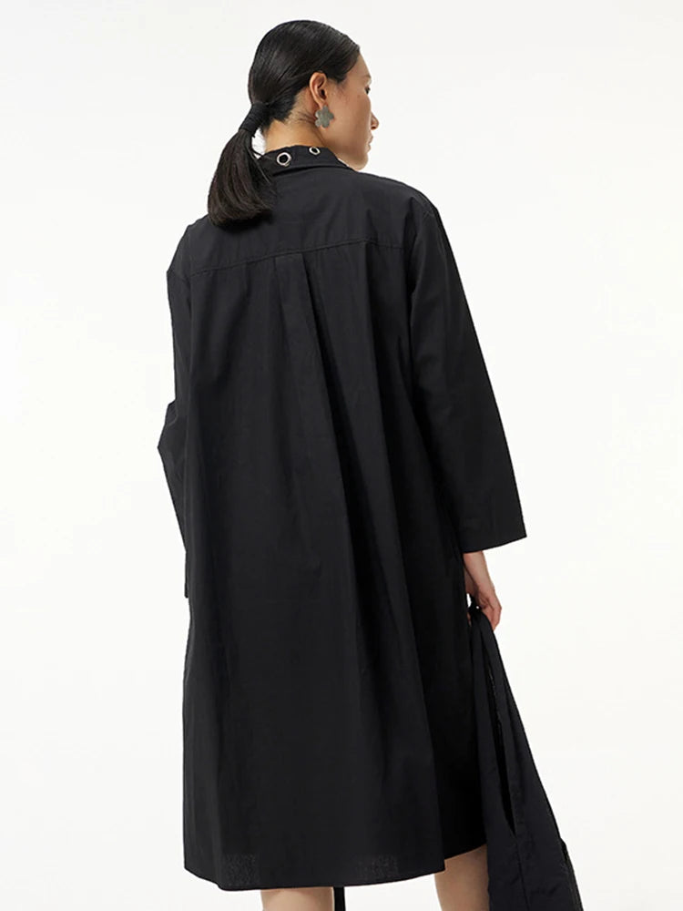 Women Black Metal Circle Irregular Hem Big Size Shirt Dress New Lapel Long Sleeve Fashion Tide Spring Autumn 2025 1DJ0883