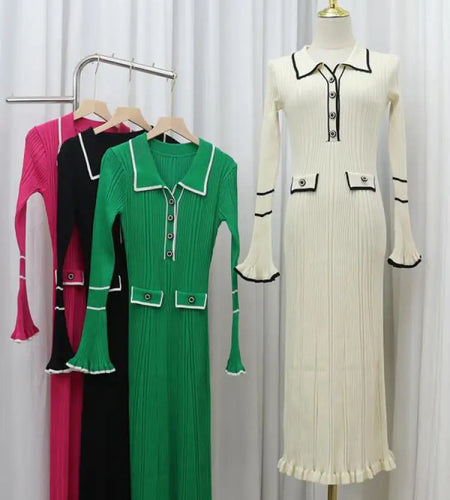 Autumn 2024 New Fashion Lapel Long Sleeve Single Breasted Patchwork Knit Dress Women Temperament Elegant Office Lady Dress Trend