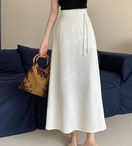 Vintage White Elegant High Waist Jacquard Skirt Women 2024 Spring Summer New Chinese Style Fashion Black Temperament Long Skirt
