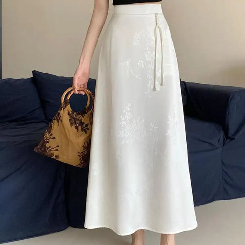 Load image into Gallery viewer, Vintage White Elegant High Waist Jacquard Skirt Women 2024 Spring Summer New Chinese Style Fashion Black Temperament Long Skirt
