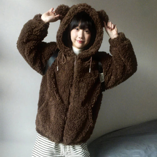 Load image into Gallery viewer, Y2k Aesthetic Zipper Hooded Harajuku Tops Casual Grunge Loose Drawstring Coats Women Streetwear Kawaii Cute Fluffy Warm Jackets
