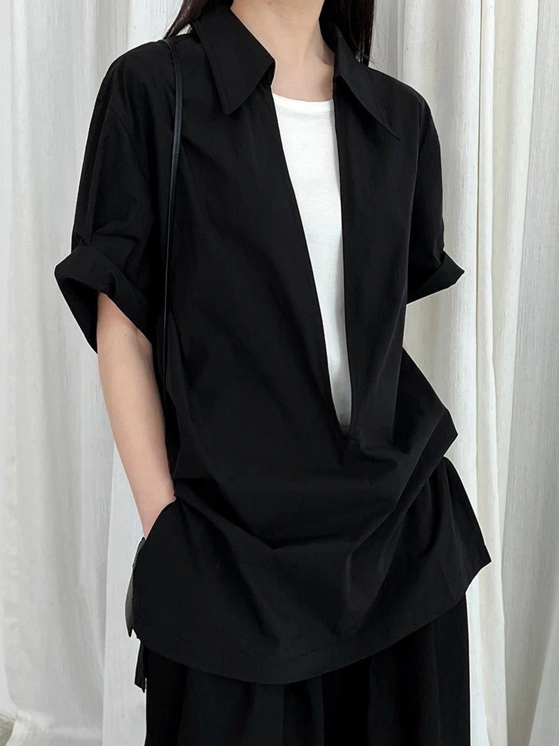 Women White Plain Color Thin Big Size Blouse New V-Neck Short Sleeve Shirt Fashion Tide Spring Summer 2025 1DJ1470