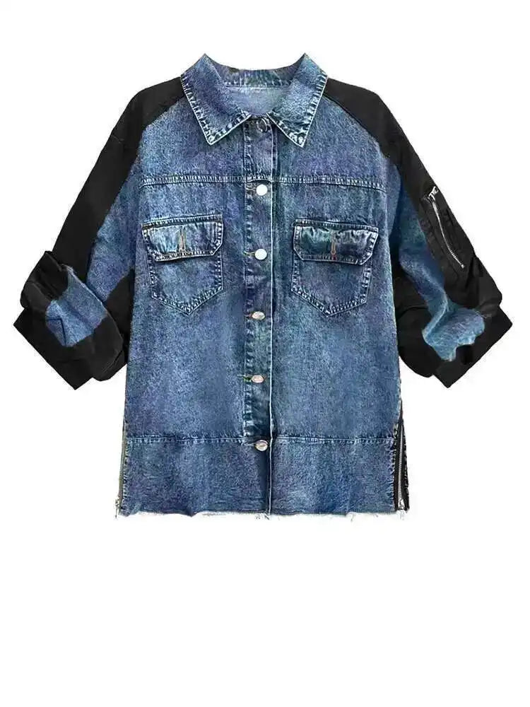 Army Green Color-block Big Size Casual Jacket New Lapel Three-quarter Sleeve Women Coat Fashion Spring Autumn 2025 1DH5212