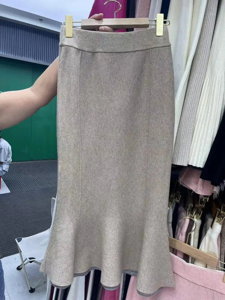 Vintage French Women's Solid Elegant Party Knitted Long Skirt Autumn Winter High Waist Vacation A-line Fishtail Skirt 2024 Trend