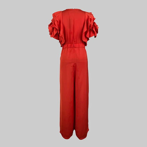 Load image into Gallery viewer, Red Romper Jumpsuit Woman 2025 New Summer Falbala Short Sleeves Wide Leg Jumpsuits Woman Elegant Party Formal Clothes
