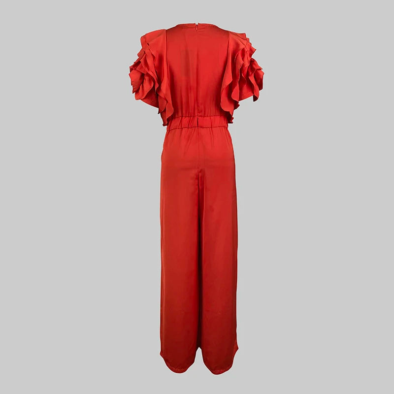 Red Romper Jumpsuit Woman 2025 New Summer Falbala Short Sleeves Wide Leg Jumpsuits Woman Elegant Party Formal Clothes