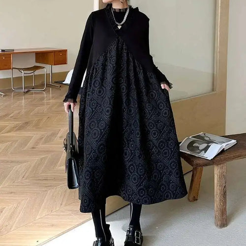 Load image into Gallery viewer, Women Black Pattern Textured Big Size  Long Vest Dress New V-Neck Sleeveless Fashion Tide Spring Autumn 2025 1DH844101
