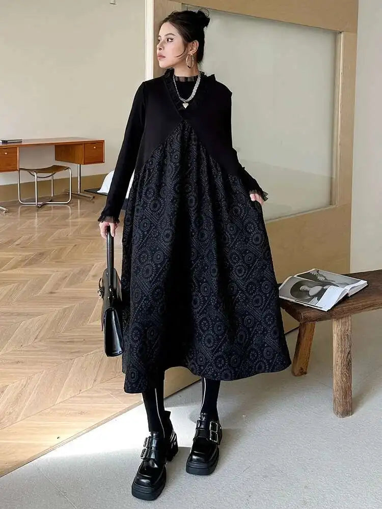 Women Black Pattern Textured Big Size  Long Vest Dress New V-Neck Sleeveless Fashion Tide Spring Autumn 2025 1DH844101