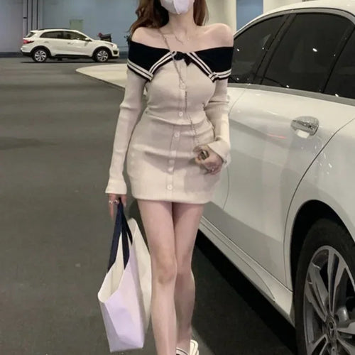 Load image into Gallery viewer, Sexy Knitted Knit Sweater Mini Dress Off Shoudler Korean Fashion Bodycon Wrap Slim Shhort Dresses Evening Party Kpop
