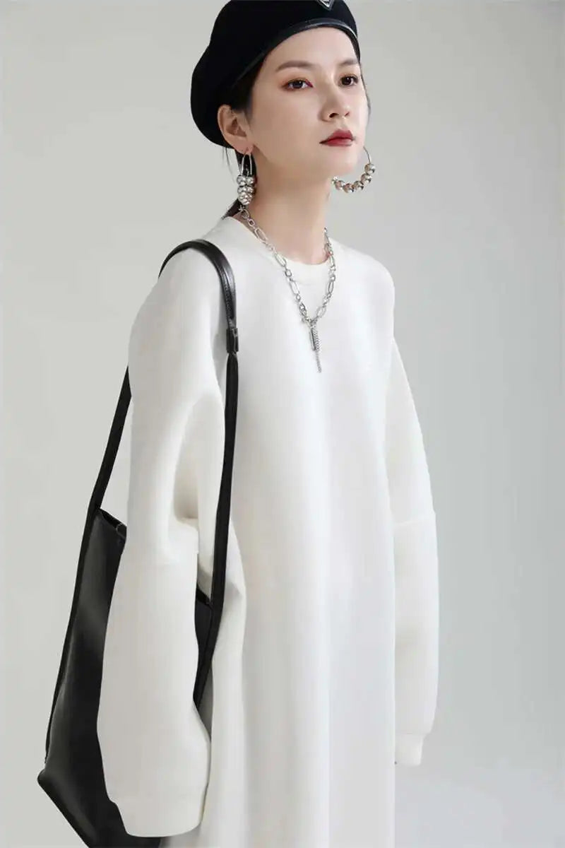 Women White Big Size Shaped Long Dress New Round Neck Long Sleeve Loose Fit Fashion Tide Spring Autumn 2025 1DE4098