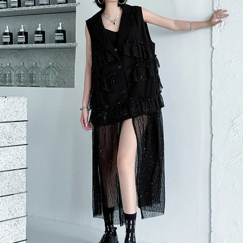 Load image into Gallery viewer, Women Black Singles Breasted Mesh Big Size Midi Vest Dress New Lapel Sleeveless Fashion Tide Spring Autumn 2025 1DJ1041
