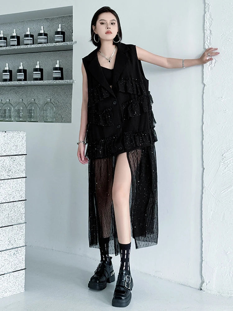 Women Black Singles Breasted Mesh Big Size Midi Vest Dress New Lapel Sleeveless Fashion Tide Spring Autumn 2025 1DJ1041