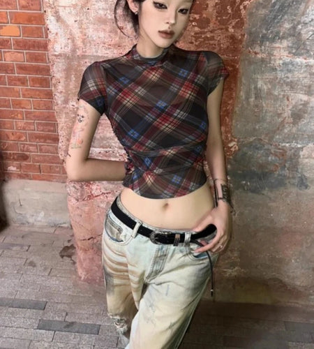 Vintage Woman Tshirts Crop Tops Slim Fit Summer Tees Fashion Sexy Gauze T Shirts See Through Plaid Y2k T-shirt 2024 Ropa Mujer
