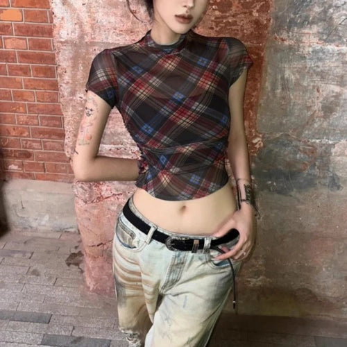Load image into Gallery viewer, Vintage Woman Tshirts Crop Tops Slim Fit Summer Tees Fashion Sexy Gauze T Shirts See Through Plaid Y2k T-shirt 2024 Ropa Mujer
