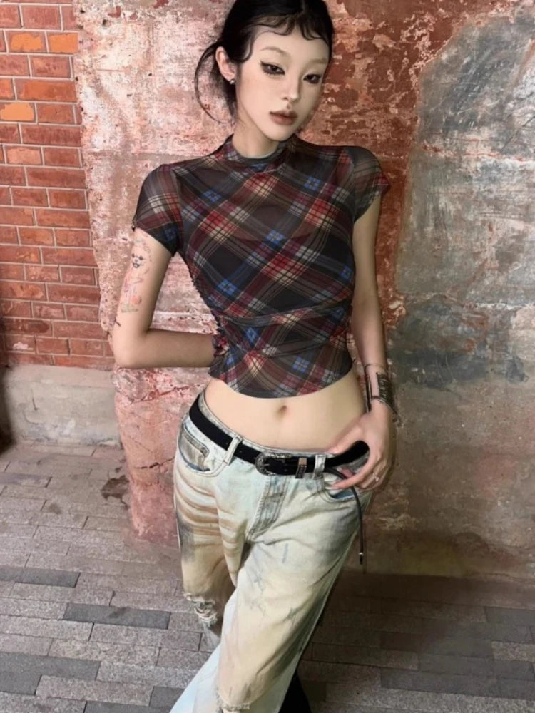 Vintage Woman Tshirts Crop Tops Slim Fit Summer Tees Fashion Sexy Gauze T Shirts See Through Plaid Y2k T-shirt 2024 Ropa Mujer