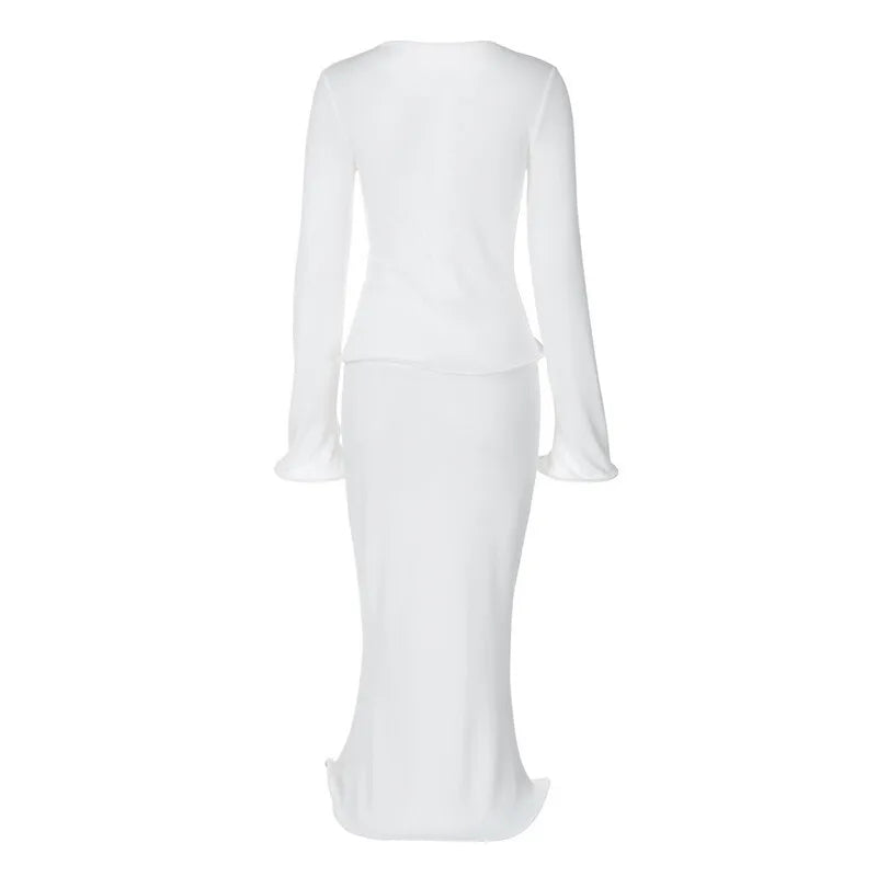 Elegant Sexy Skirt Two Piece Sets Women Autumn New V Neck Long Sleeve T-shirt And Long Skirt Matching Two Piece Sets