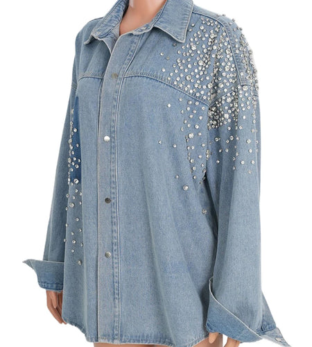 Loose Fit Blue Denim Rhinestones Big Size  Jacket New Lapel Long Sleeve Women Coat Fashion Tide Spring Autumn 2025  7AB878