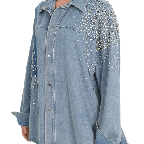 Load image into Gallery viewer, Loose Fit Blue Denim Rhinestones Big Size  Jacket New Lapel Long Sleeve Women Coat Fashion Tide Spring Autumn 2025  7AB878

