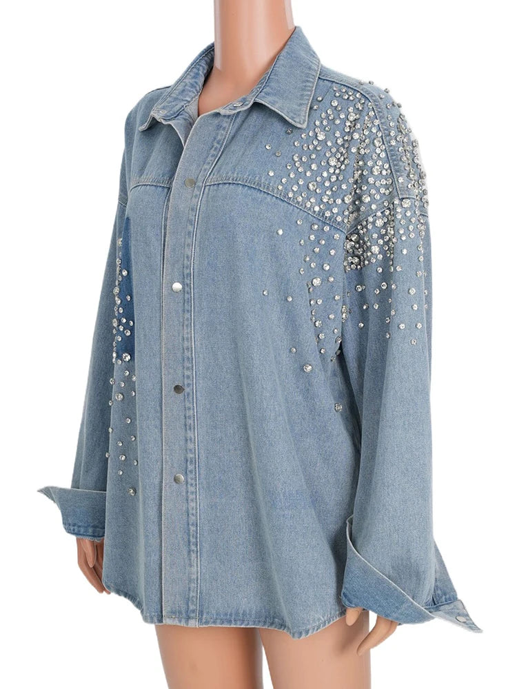 Loose Fit Blue Denim Rhinestones Big Size  Jacket New Lapel Long Sleeve Women Coat Fashion Tide Spring Autumn 2025  7AB878