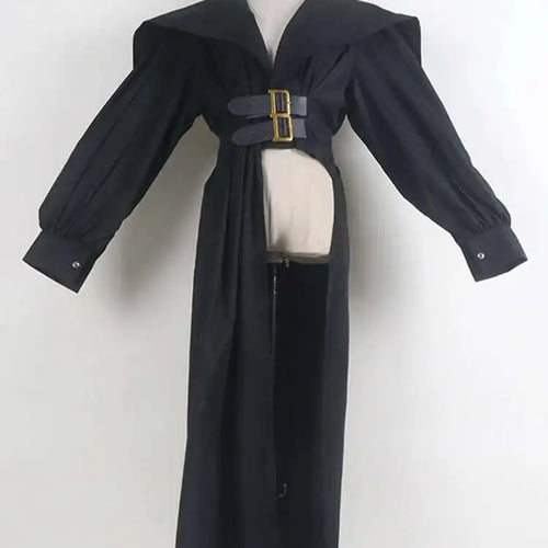 Load image into Gallery viewer, Women Black Irregular Shirt Dress New Lapel Lartern Long Sleeve Belt Waist Loose Fashion Tide Spring Autumn 2025 1DH2257

