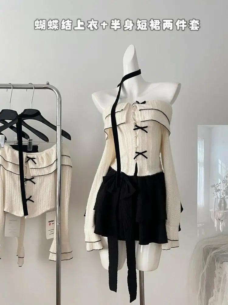Women Autumn Winter 2024 French Beige Patchwork Knit Elegant Long Sleeved Bow Top And Black High Waist Short Skirt Two Piece Set