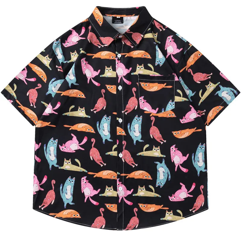 Hawaiian Shirts Streetwear Funny Cartoon Cat Graphic Printed Button Blouse Hip Hop Harajuku Baggy Short Sleeve Summer Beach Tops