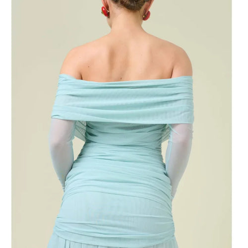 Load image into Gallery viewer, Elegant Long Sleeve Mesh Patchwork Ruffle Irregular Dress Female Sexy One Shoulder Fall Winter Party Club Evening Dress
