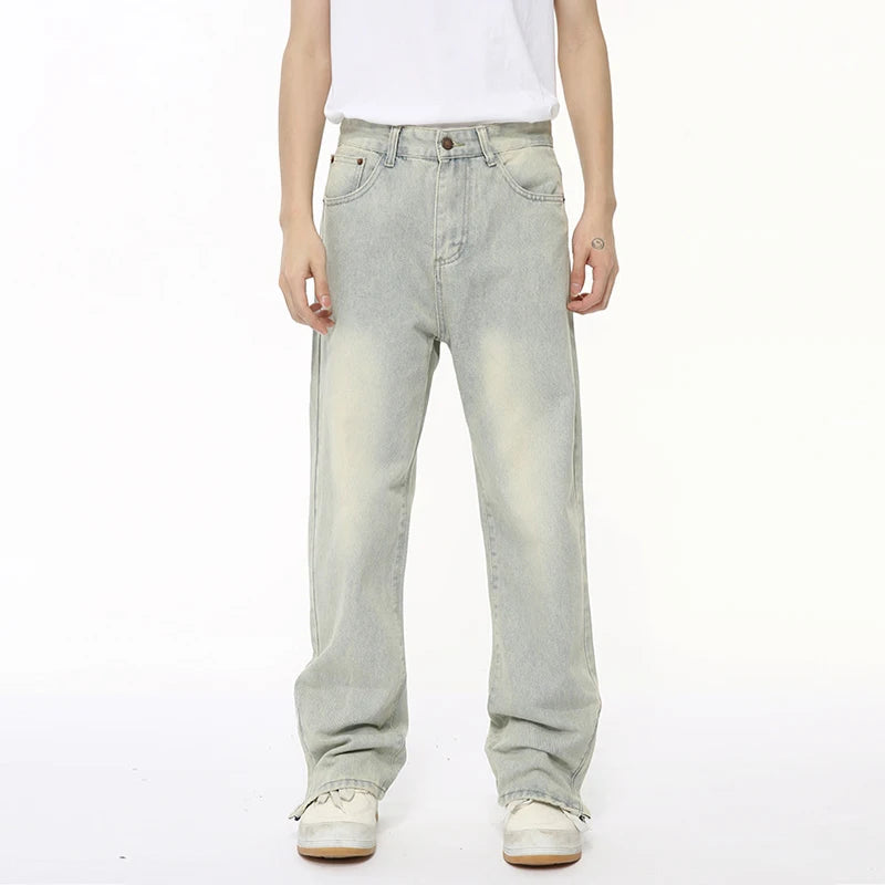 High Street Male Jeans Loose Split Zipper Worn-out Men's Denim Pants Straight Wide Leg Menwear New Trend Summer 9C6401