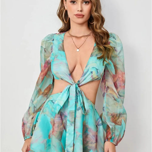 Load image into Gallery viewer, Sexy Deep V-print Long Sleeved Lace Up Women Playsuit Autumn Casual Lantern Sleeve Chiffon Elegant Holiday Party Beach
