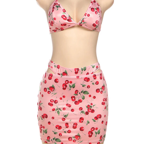 Load image into Gallery viewer, Vacation Hottie Sexy 3 Piece Set Women Summer Cherry Print Halter Bra+Thong+Skirts Beach Party Clubwear Matching Suit
