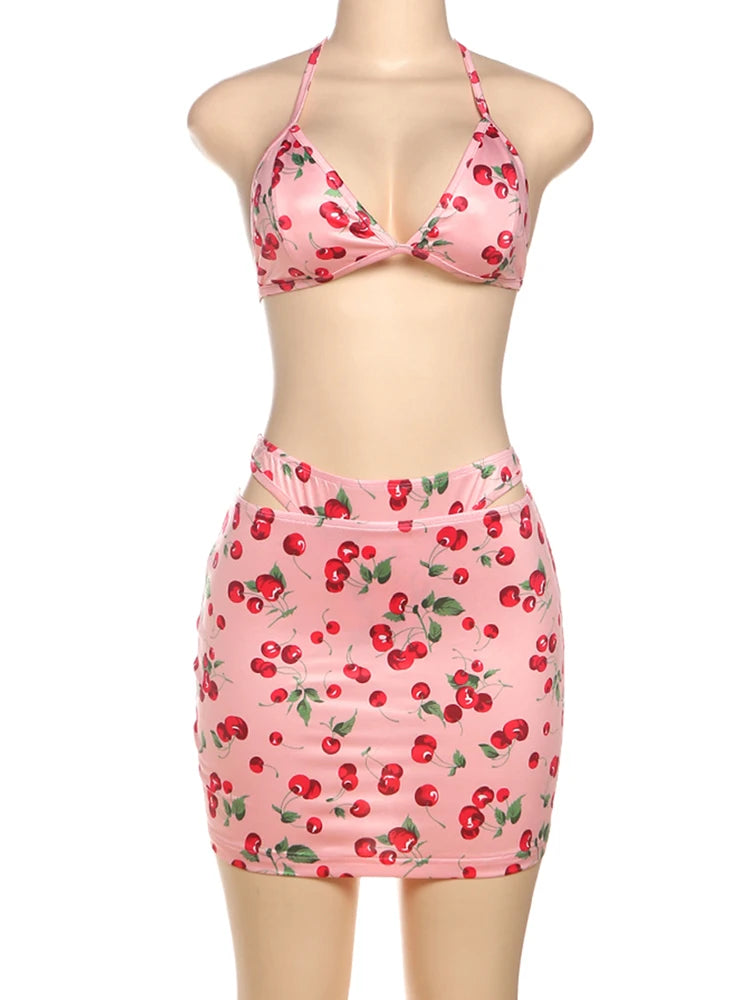 Vacation Hottie Sexy 3 Piece Set Women Summer Cherry Print Halter Bra+Thong+Skirts Beach Party Clubwear Matching Suit