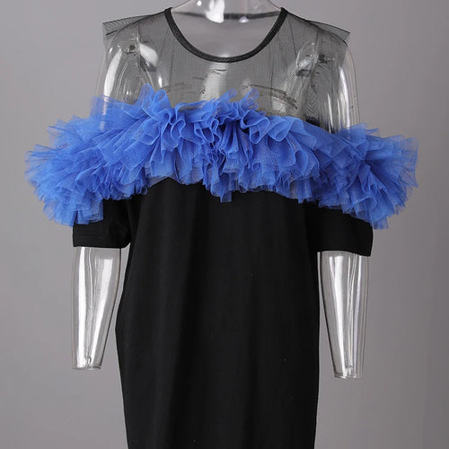 Load image into Gallery viewer, Women Black Mesh Perspective Ruffles Big Size Long T-shirt New Round Neck Short Sleeve Fashion Spring Summer 2025 CPG3036
