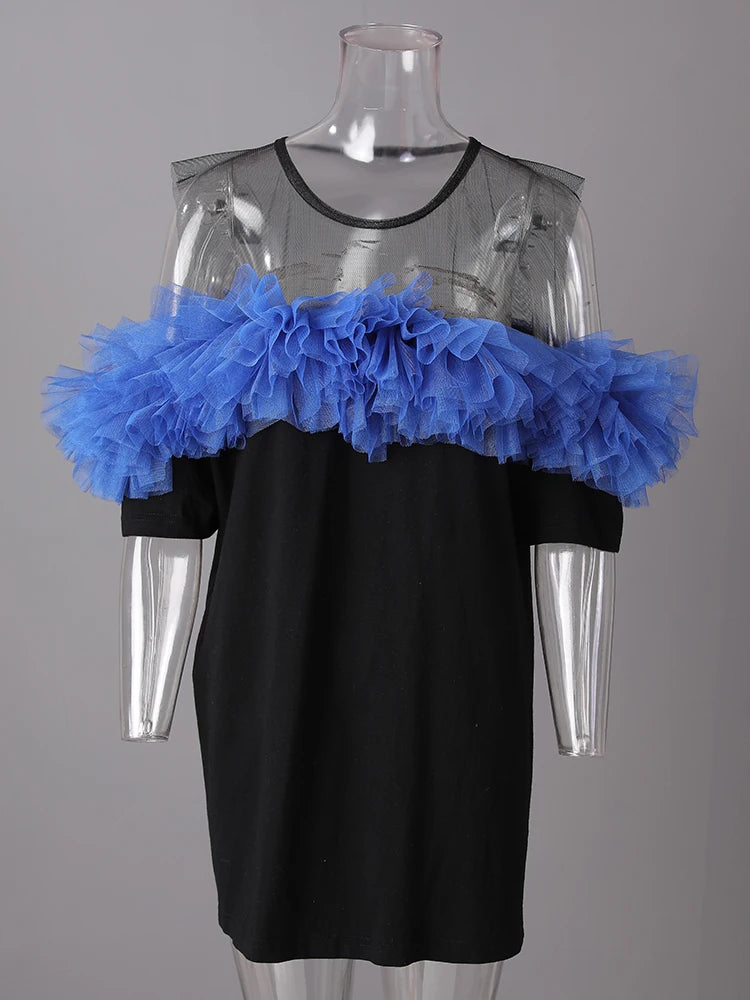 Women Black Mesh Perspective Ruffles Big Size Long T-shirt New Round Neck Short Sleeve Fashion Spring Summer 2025 CPG3036