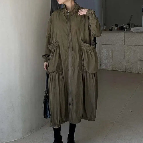 Load image into Gallery viewer, Women Khaki Pleated Big Size Casual Midi Dress New Stand Collar Long Sleeve Fashion Tide Spring Autumn 2025 1DH6824

