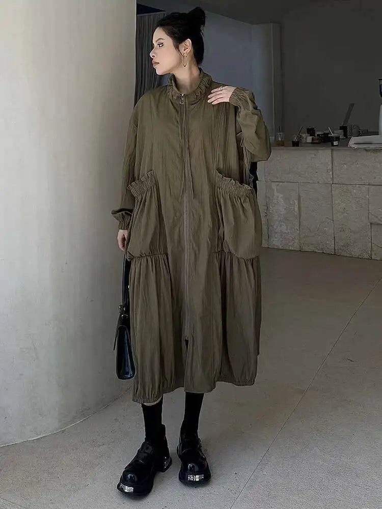 Women Khaki Pleated Big Size Casual Midi Dress New Stand Collar Long Sleeve Fashion Tide Spring Autumn 2025 1DH6824