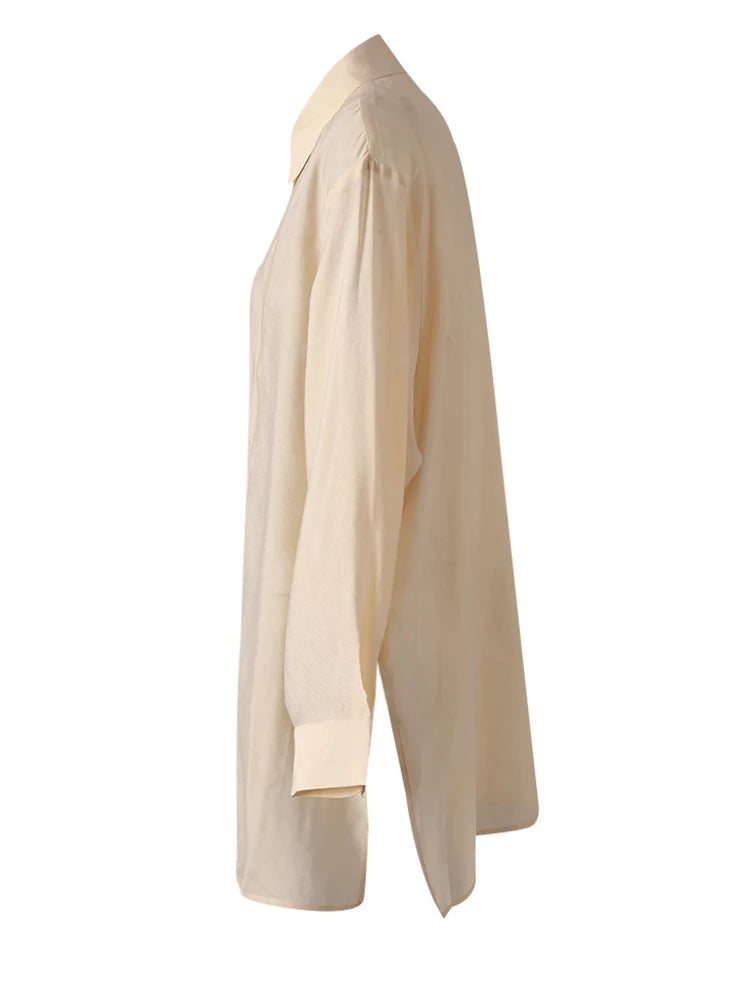 Women Apricot Thin Perspective Casual Big Size Blouse New Lapel Long Sleeve Shirt Fashion Tide Spring Autumn 2025 CPG3314