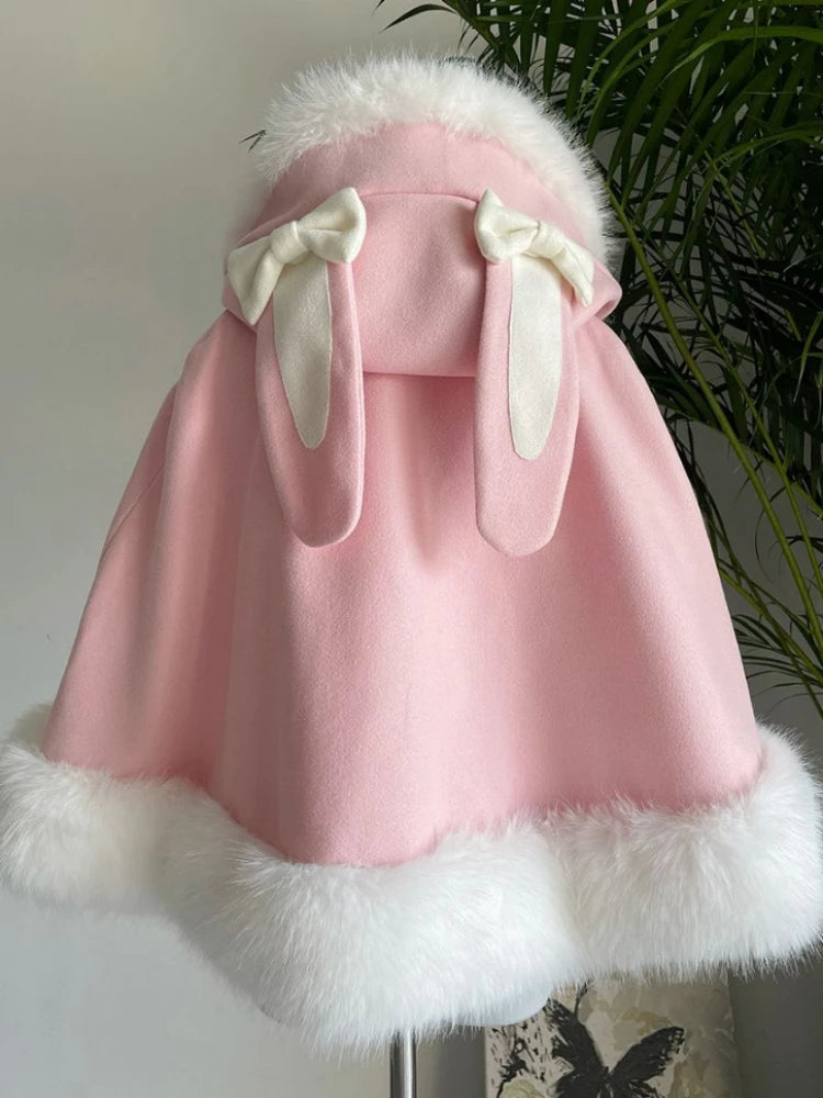 Japanese Lolita Sweet Rabbit's Ears Hooded Cloak Jackets Women Y2k Aesthetic Lace Patchwork Love Coat Harajuku Kawaii Bow Jacket