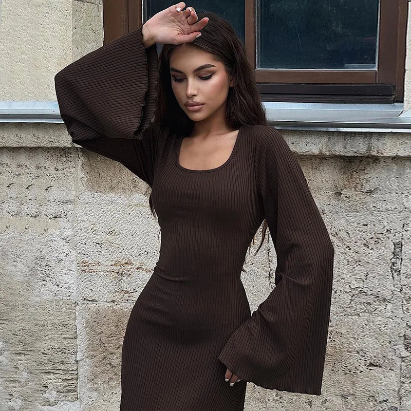 Ribbed Lace-up Long Sleeve Maxi Dress For Women 2023 Autumn Winter New Fashion Solid Bodycon Long Dress Elegant