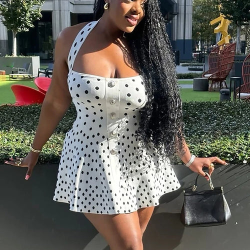 Load image into Gallery viewer, Halter Backless Polka Dot Dress For Women Fashion Square Collar Sleeveless High Waist A-line Knit Mini Dress Elegant
