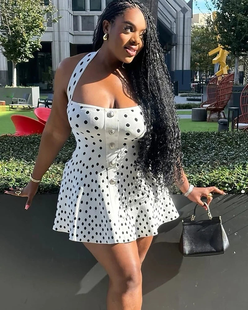 Halter Backless Polka Dot Dress For Women Fashion Square Collar Sleeveless High Waist A-line Knit Mini Dress Elegant