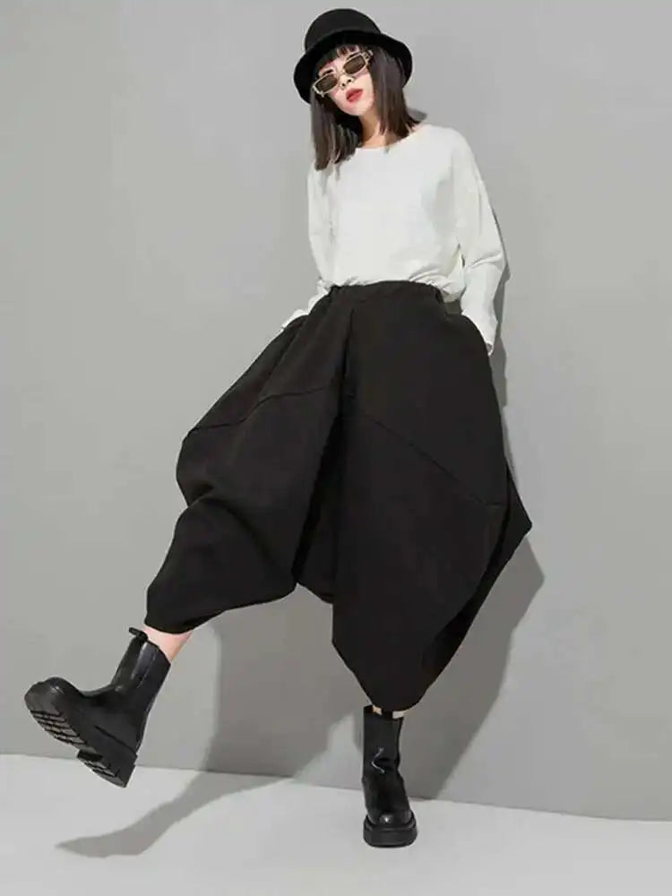 High Elastic Waist Black Irregular Big Size Long Trousers New Loose Fit Pants Women Fashion Spring Autumn 2025 1DE4266
