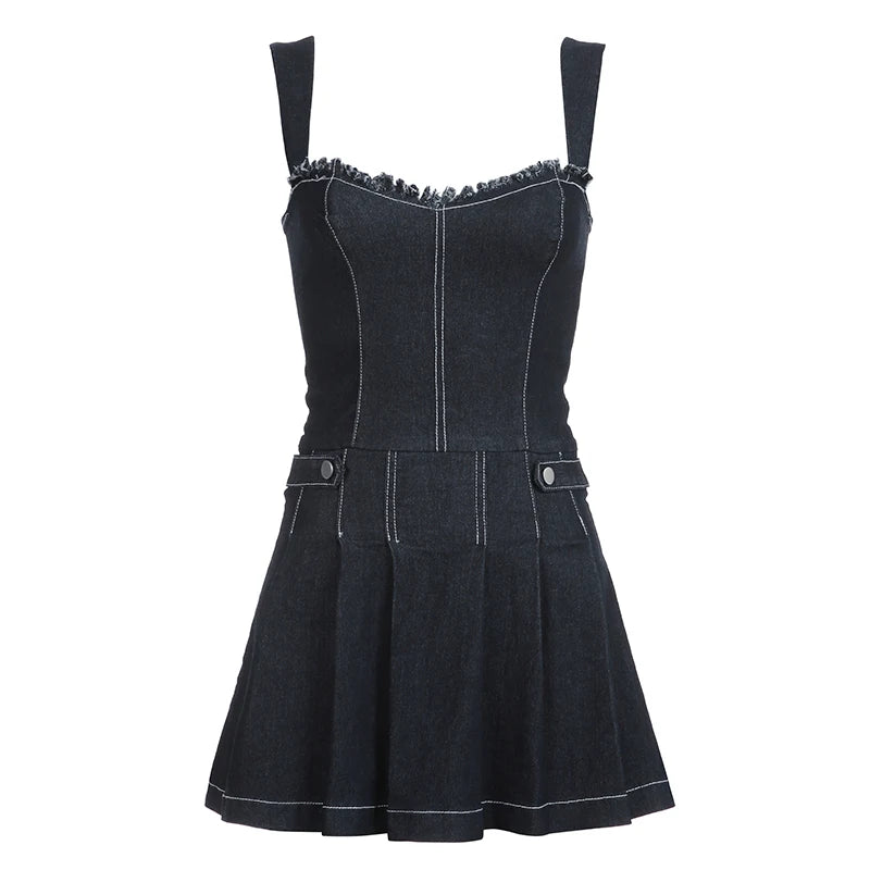 Fashion Square Neck Corset Summer Denim Dress Short Elegant Sleeveless Burr Sexy Pleated Dress Women Chic Outfits