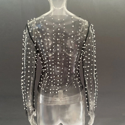 Load image into Gallery viewer, Pearl Mesh See Through T-shirt Women Fashion Long Sleeve Pullover Blouse Ladies Summer U Neck Sexy Tee Shirt Tops
