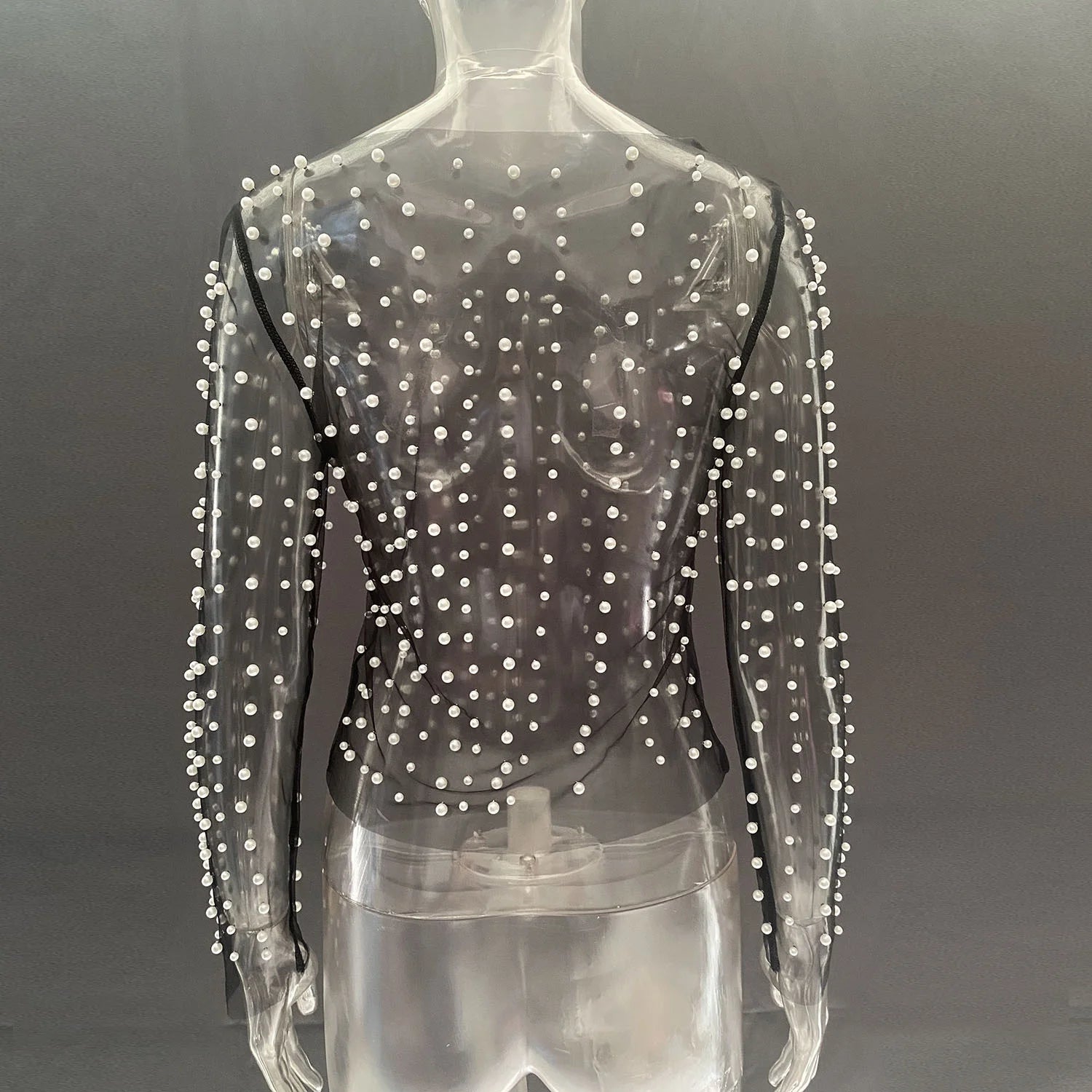 Pearl Mesh See Through T-shirt Women Fashion Long Sleeve Pullover Blouse Ladies Summer U Neck Sexy Tee Shirt Tops